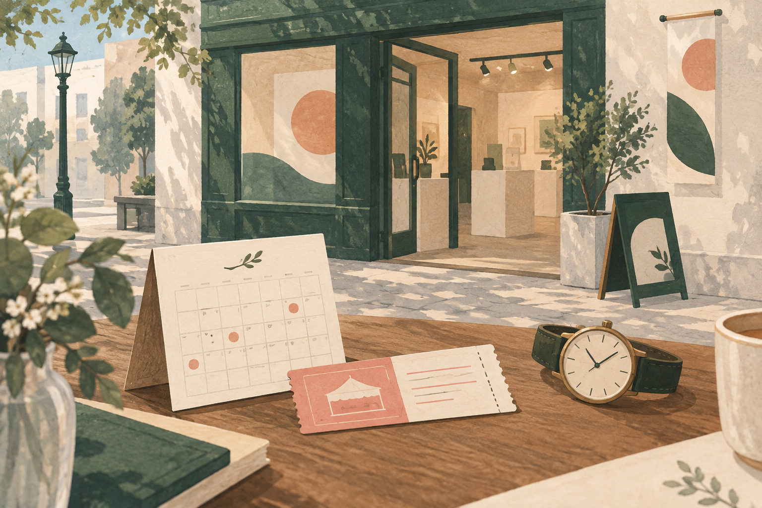 Illustrated calendar, reservation card and watch in front of an imaginary pop-up storefront.