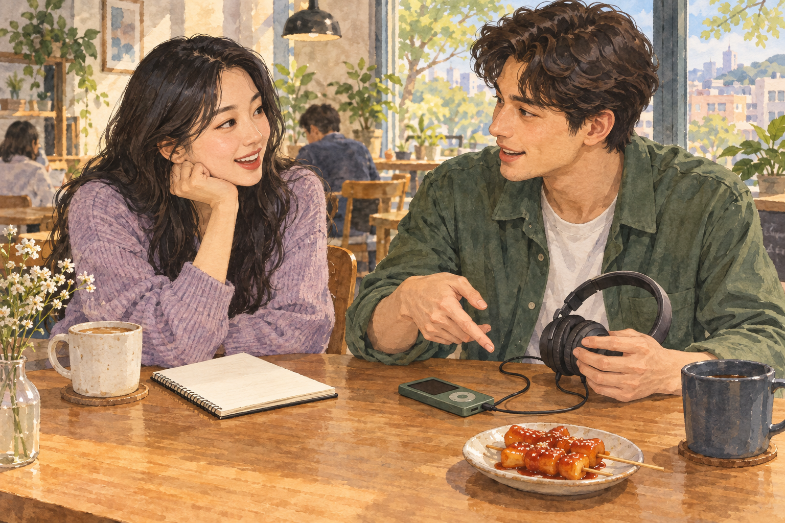 Illustration of two fictional friends discussing music at a café, with headphones and rice cake skewers.