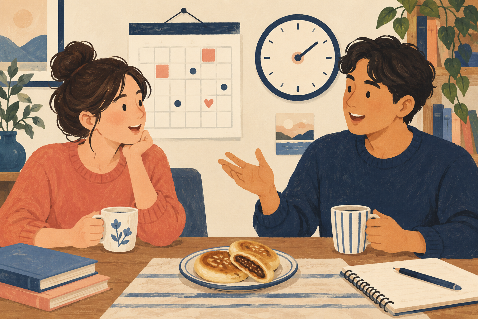 Two fictional friends discussing a calendar and clock beside a plate of illustrated hotteok.