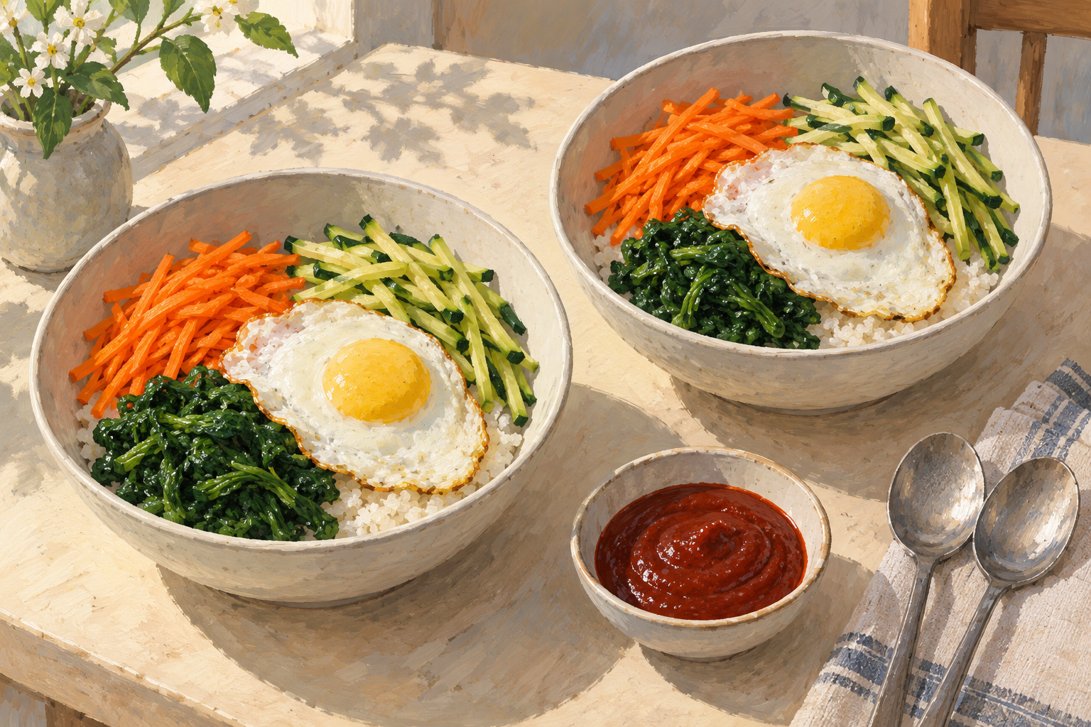 Two illustrated rice bowls with carrot, zucchini, spinach and cooked eggs, with sauce served separately.