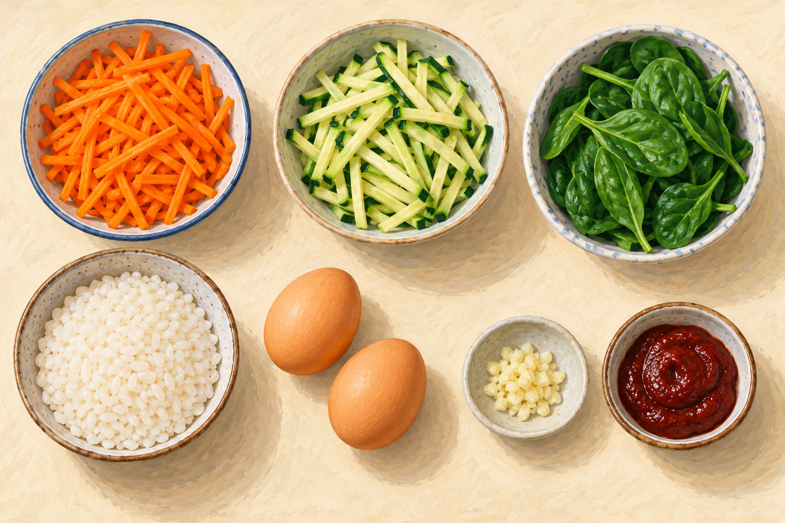 Separate bowls of carrot and zucchini matchsticks, spinach, rice, garlic and red paste beside two eggs.