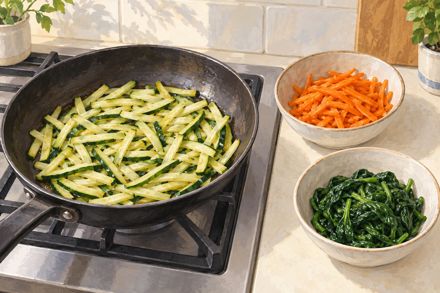 Zucchini cooking in a skillet beside separate bowls of cooked carrot and drained spinach.