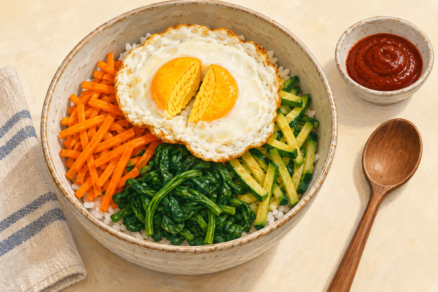 An assembled vegetable rice bowl with an egg cut open to show a firm yolk.