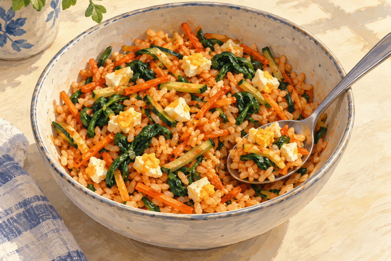 Rice, three vegetables and pieces of cooked egg mixed with a little red sauce.