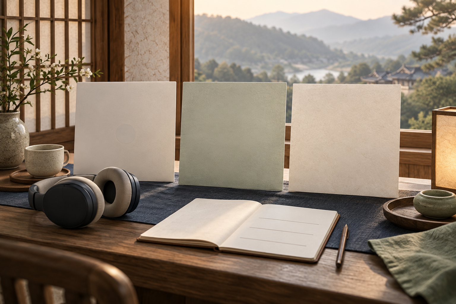 Three blank record sleeves, headphones and an open listening notebook beside a window.