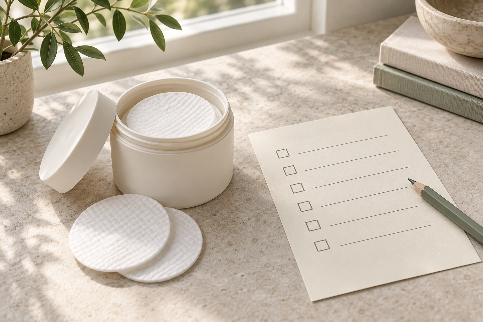 An unbranded ivory jar, white cotton pads and a blank six-row checklist on a stone tabletop.