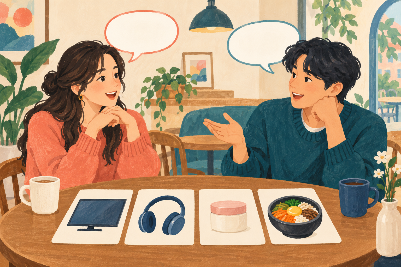 Two fictional friends discussing television, music, packaging and food cards at a café table.