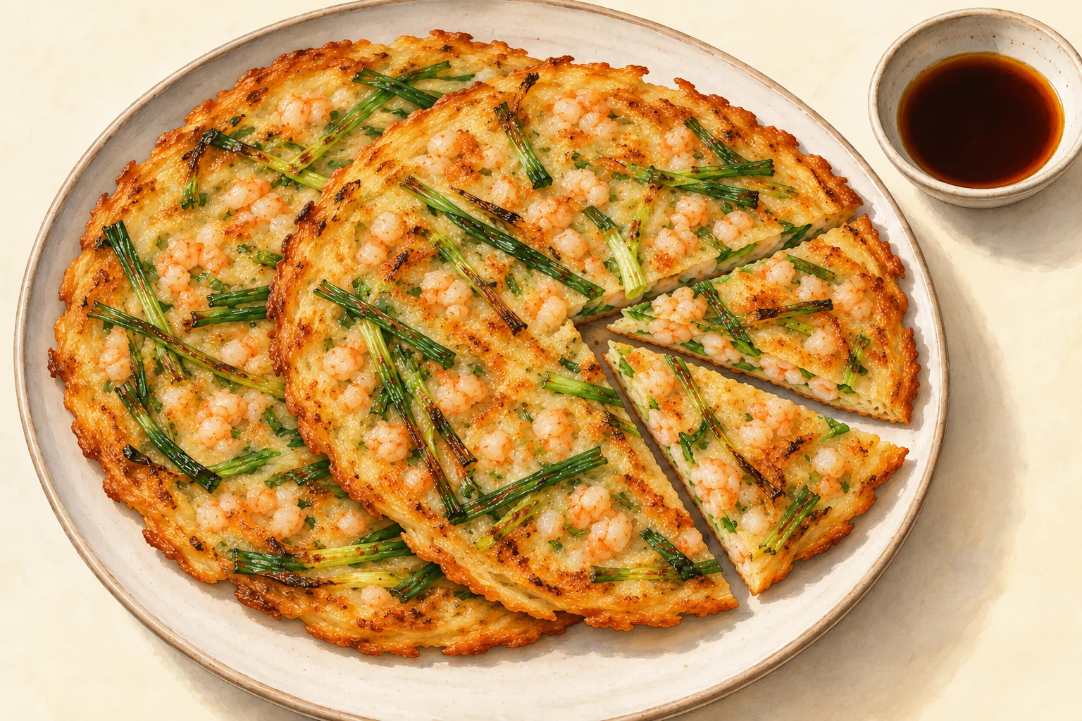 Two golden shrimp and scallion pancakes on a plate beside a plain soy dipping sauce.