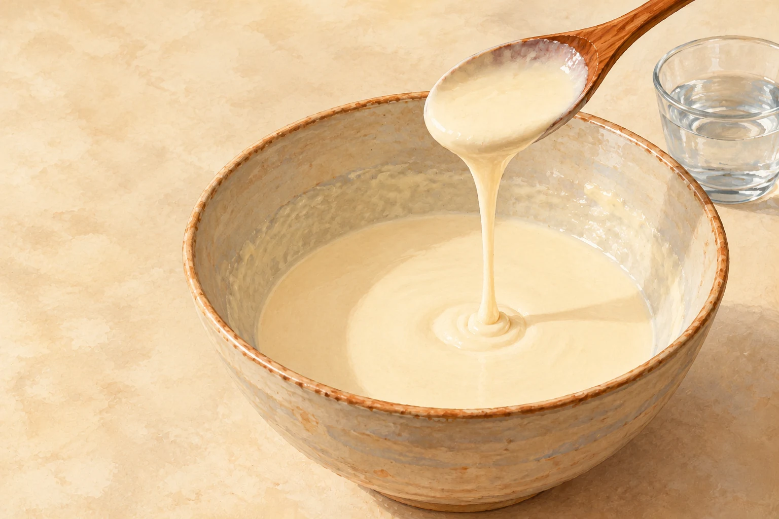 Pale batter falls from a spoon into a mixing bowl beside a glass of water.