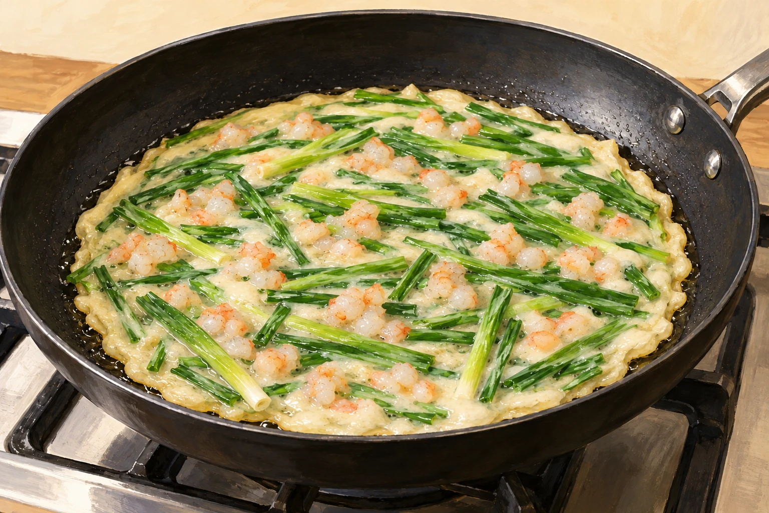 A thin pale scallion and chopped-shrimp pancake cooks on its first side in a skillet.
