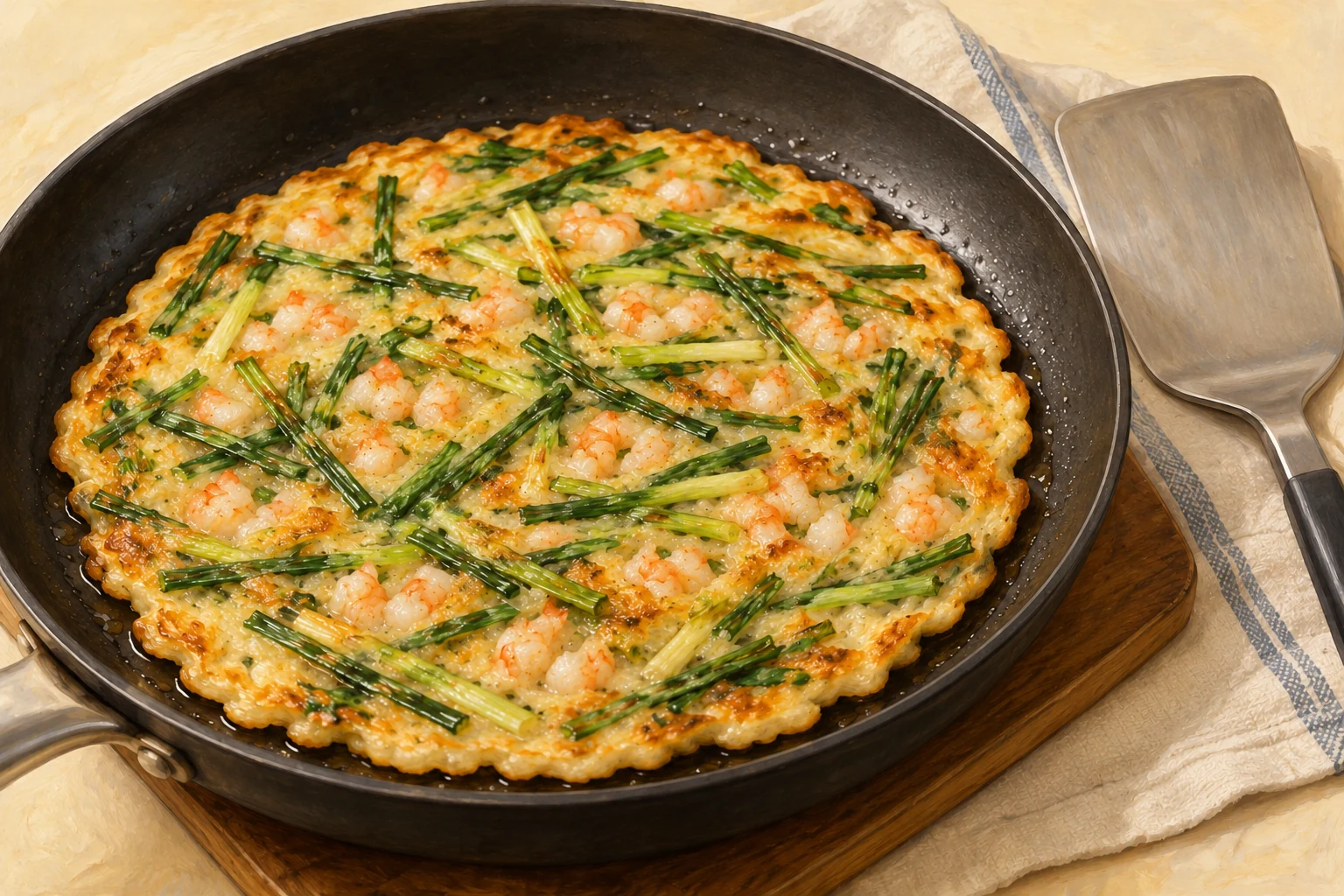 A golden scallion pancake with small shrimp pieces rests in a skillet beside a broad spatula.