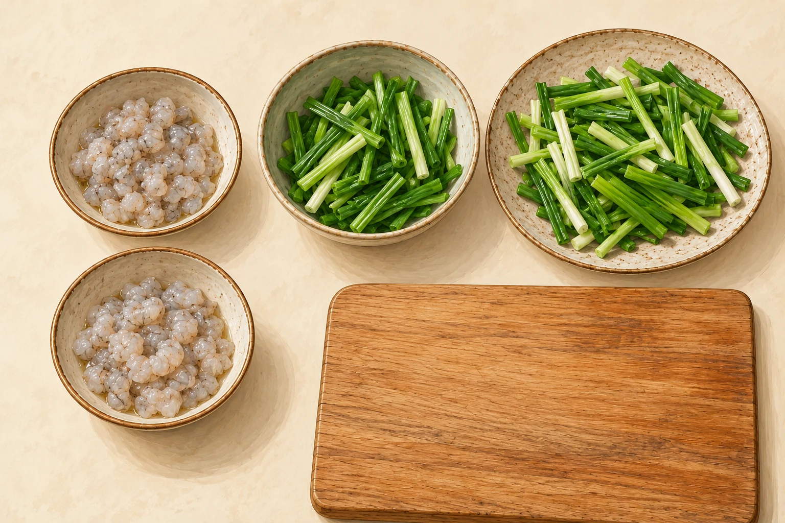 Four bowls separate chopped raw shrimp and scallion strips into two portions.
