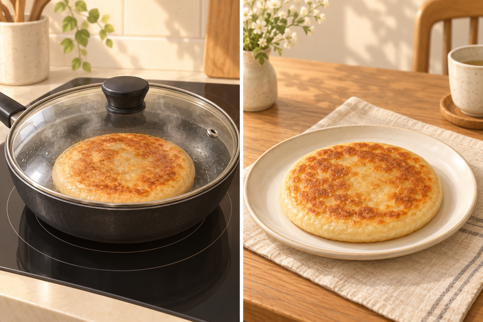 A golden hotteok finishing in a covered pan, then resting on a plate.