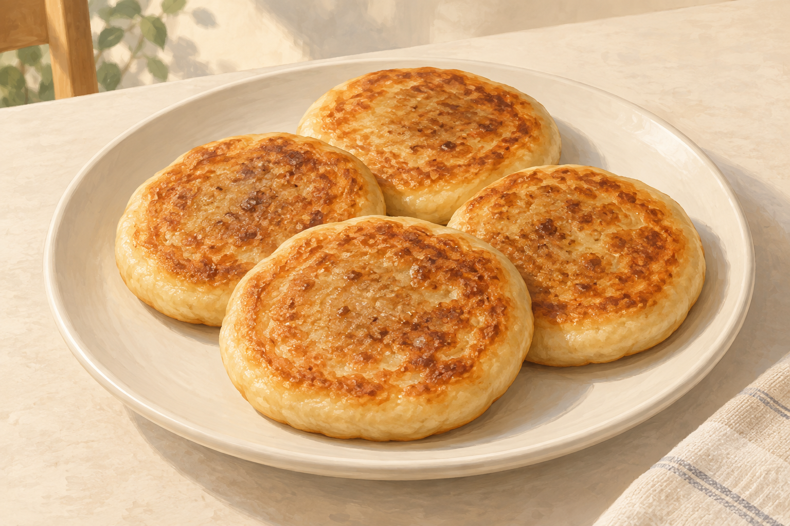Four illustrated golden hotteok pancakes on a plate.