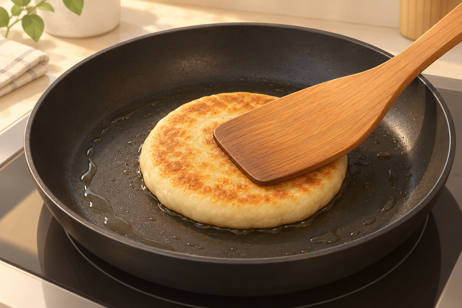 A wooden spatula flattening a filled hotteok pancake in a lightly oiled pan.