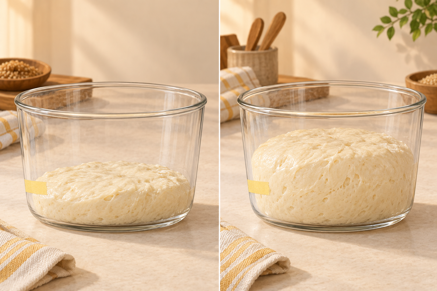 Illustrated dough before and after rising to about twice its volume.