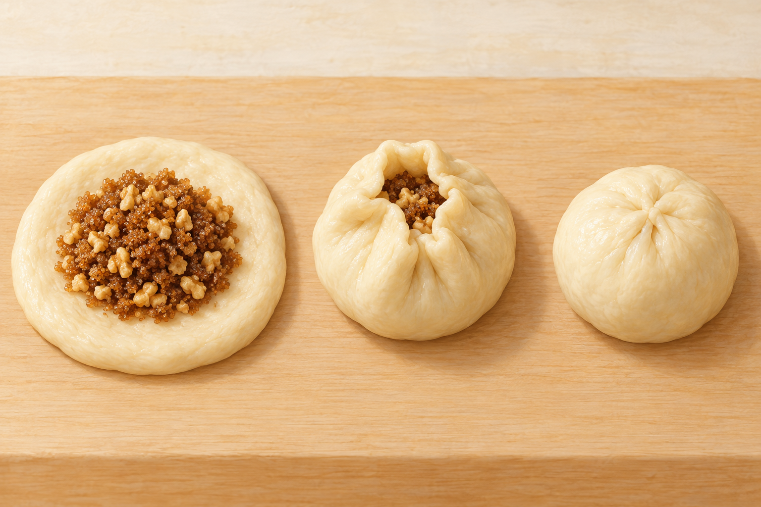 Brown-sugar and walnut filling enclosed inside a dough round in three illustrated stages.