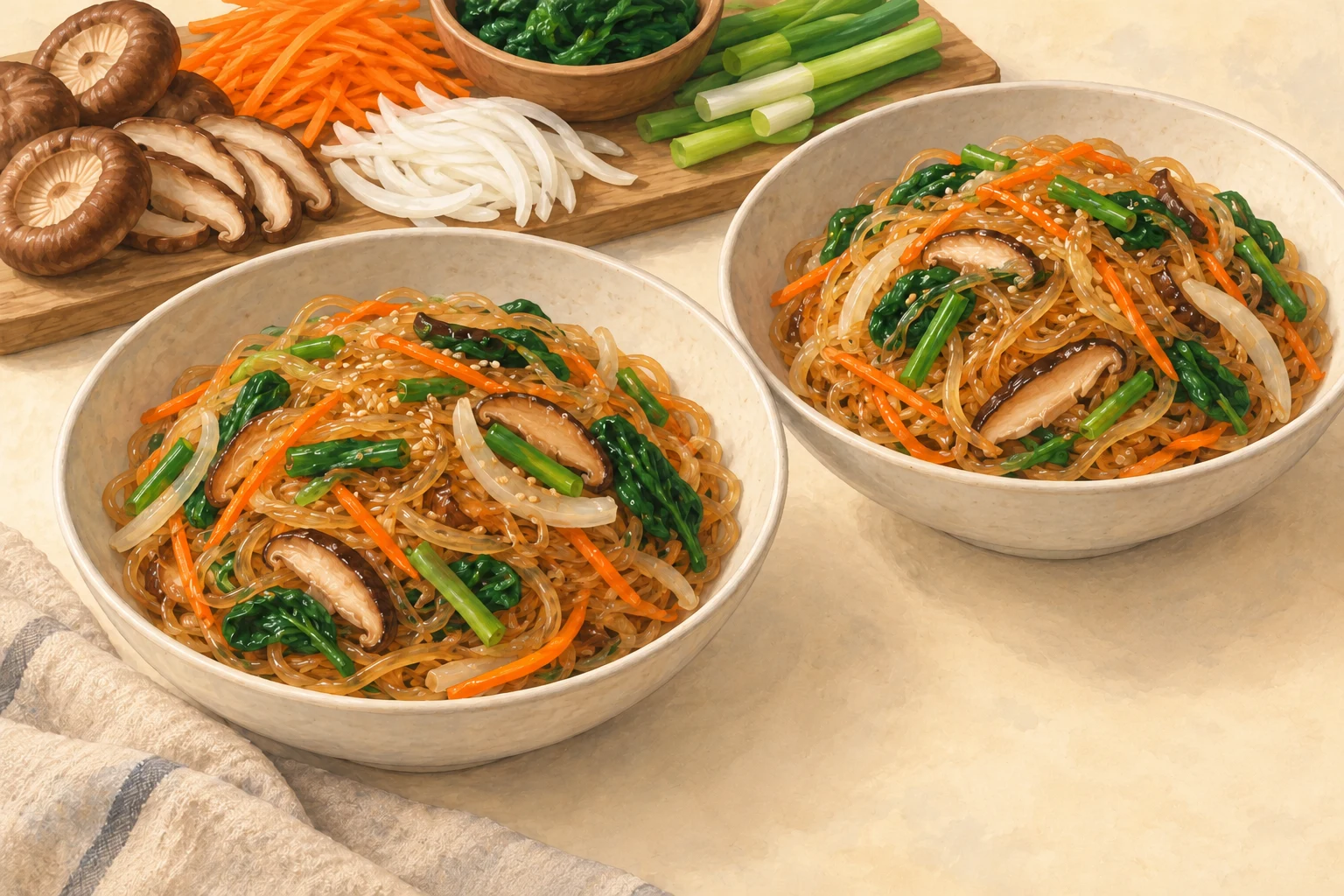 Two cream bowls of meatless japchae with glass noodles, carrot, onion, spinach, scallion and shiitake.