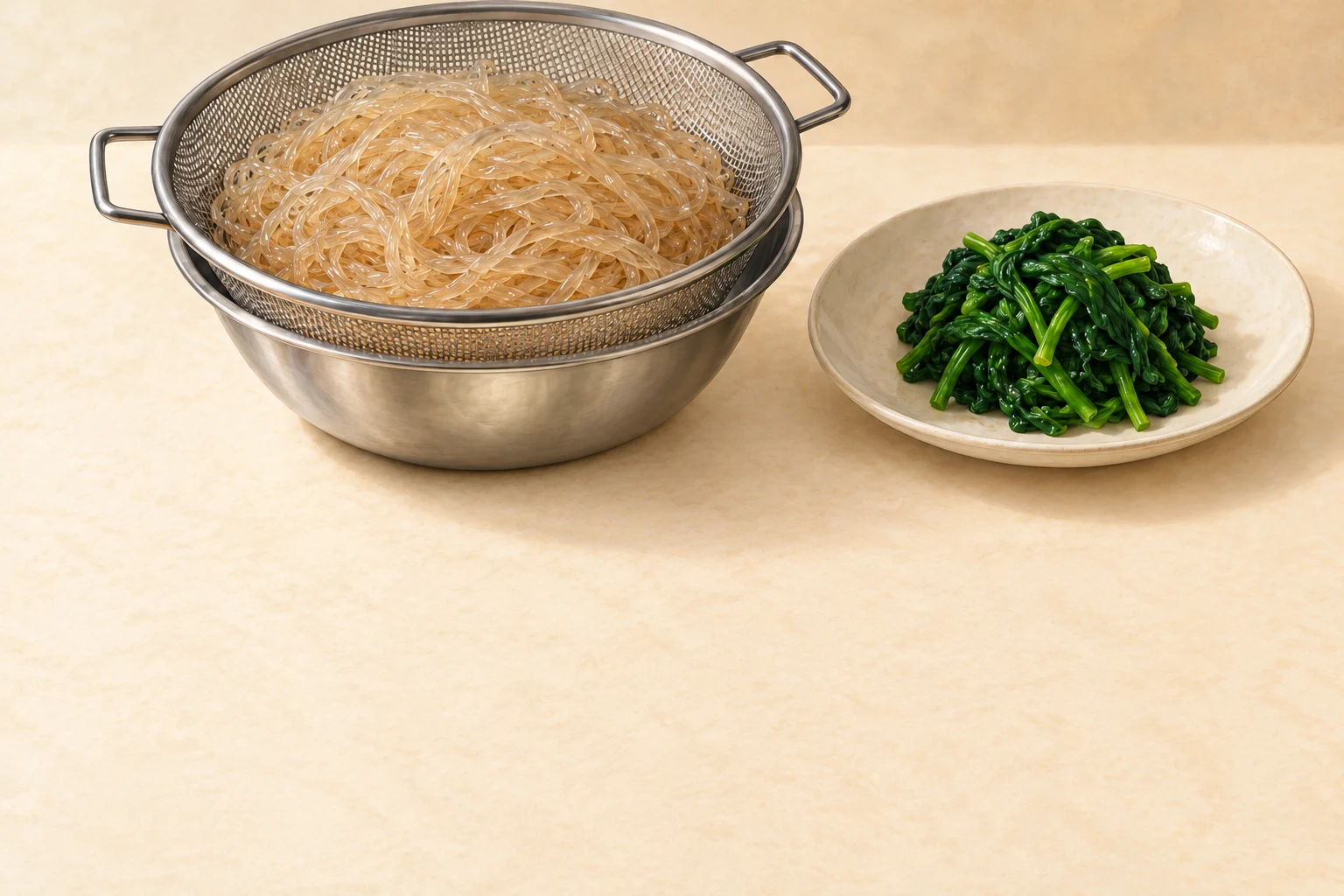 Cooked translucent glass noodles draining in a sieve beside squeezed blanched spinach.