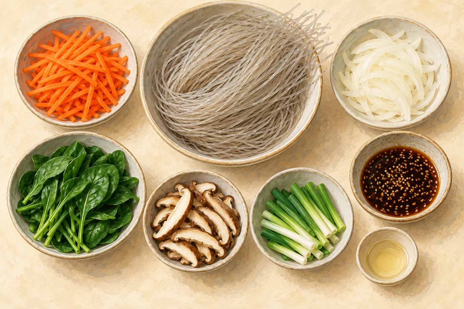 Separate bowls of dry glass noodles, carrot, onion, scallion, shiitake, raw spinach, dressing and oil.