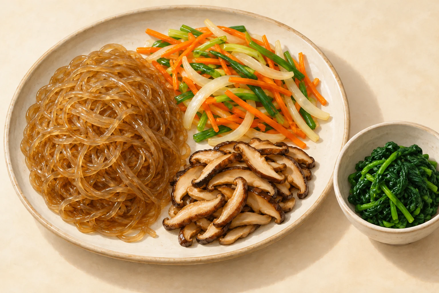 Soy-dressed noodles, cooked carrot-onion-scallion and shiitake held separately, with spinach in another bowl.