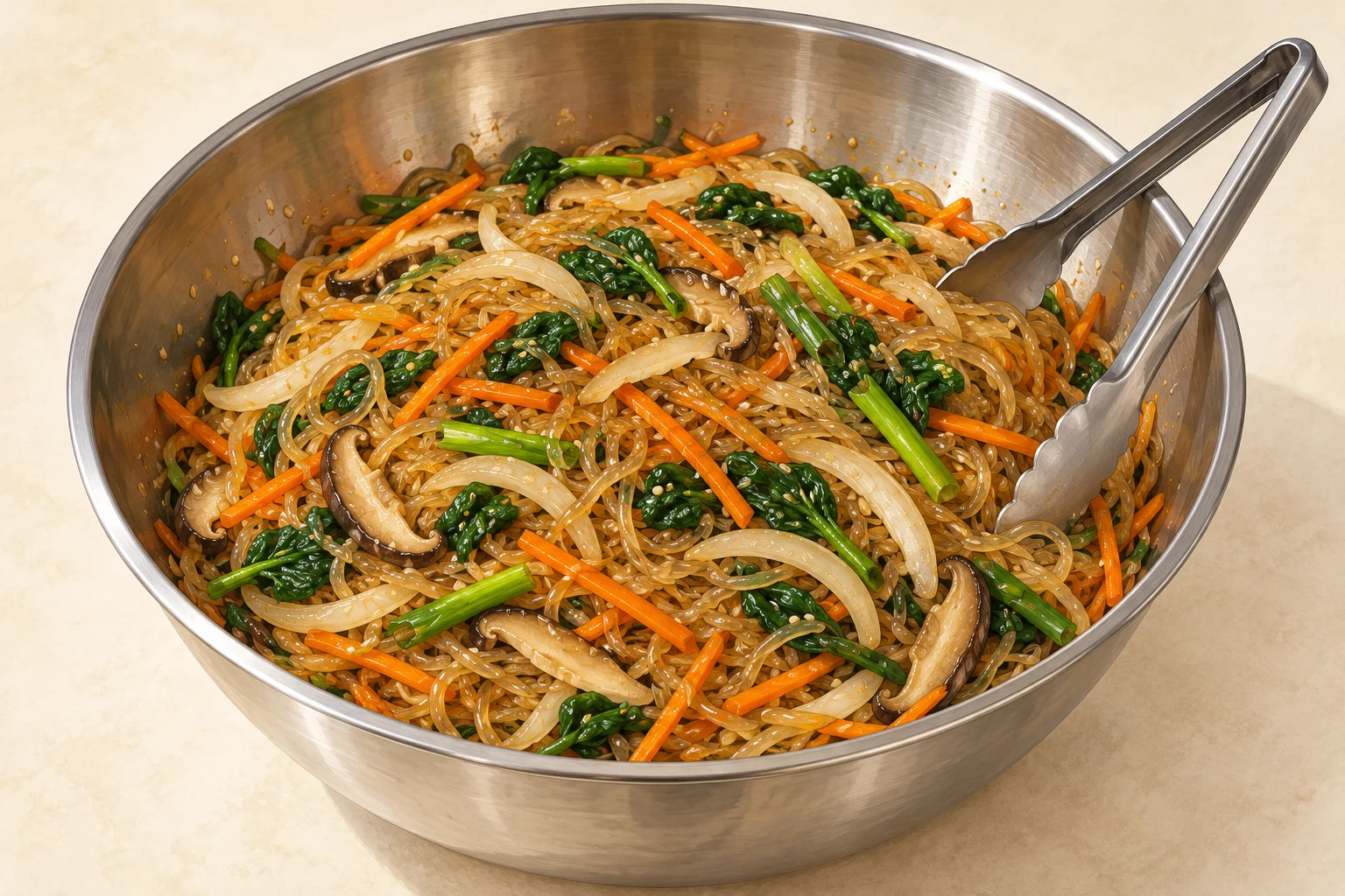 Finished meatless japchae being combined in a mixing bowl with tongs resting on its edge.