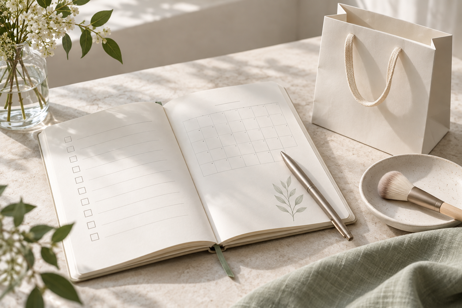 An open shopping checklist and calendar beside an unbranded shopping bag and makeup brush in soft natural light.