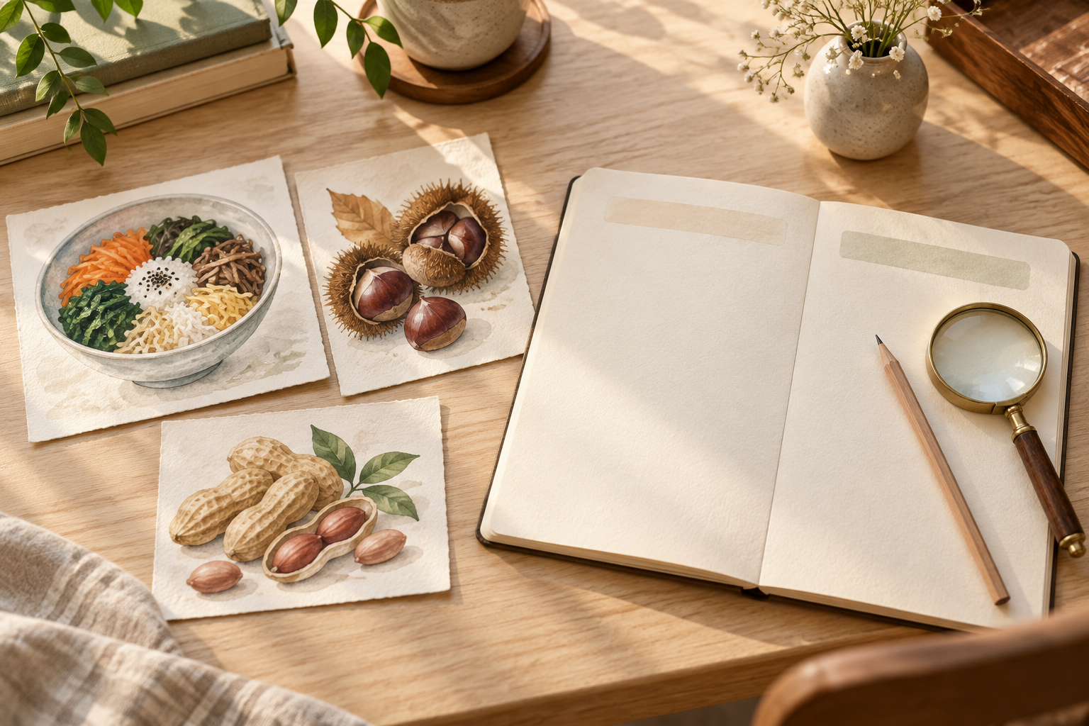 Illustrated cards showing bibimbap, chestnuts and peanuts beside a blank two-page notebook and magnifying glass.