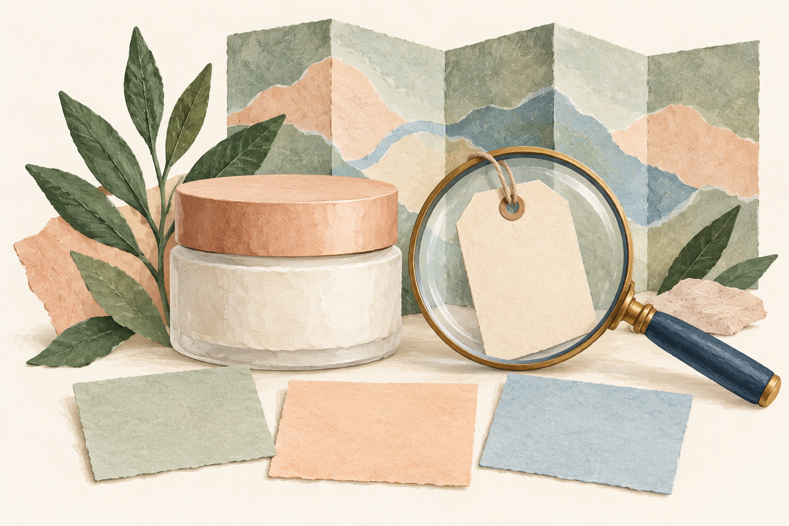 An illustrated unbranded skincare jar, a magnifying glass and blank cards for checking product information.