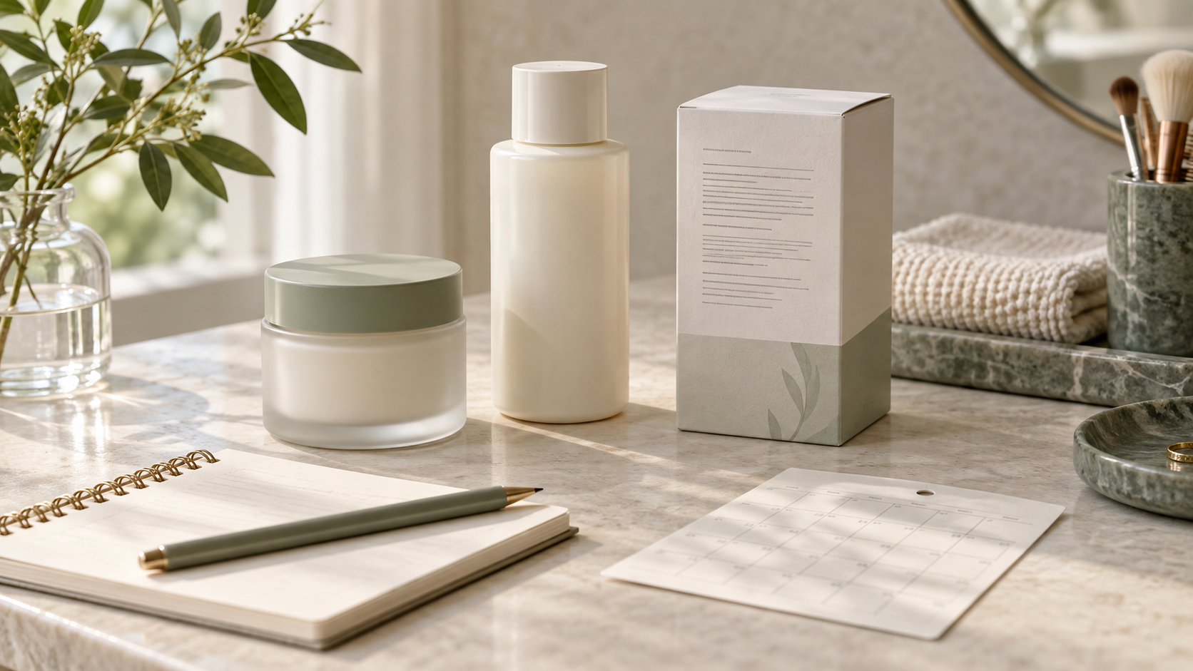 Generic skincare containers beside an opening-date notebook, pencil and calendar card on a softly lit vanity.