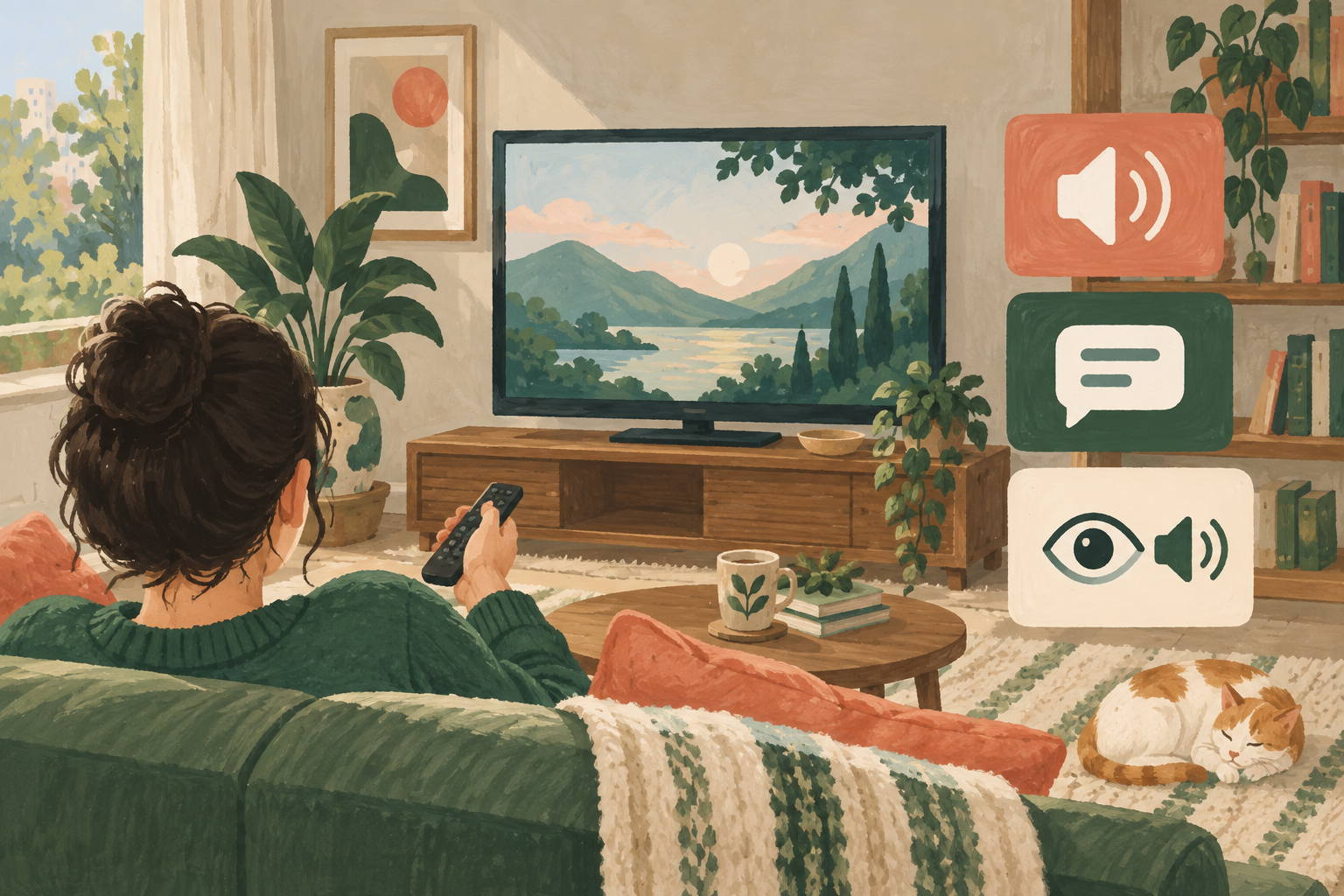 Illustration of a viewer facing an invented TV landscape beside icons for audio, captions and audio description.