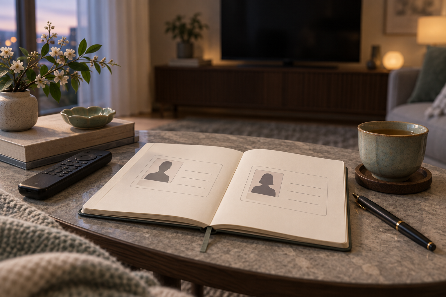 An open notebook with two generic cast cards beside a remote and teacup in a softly lit living room.