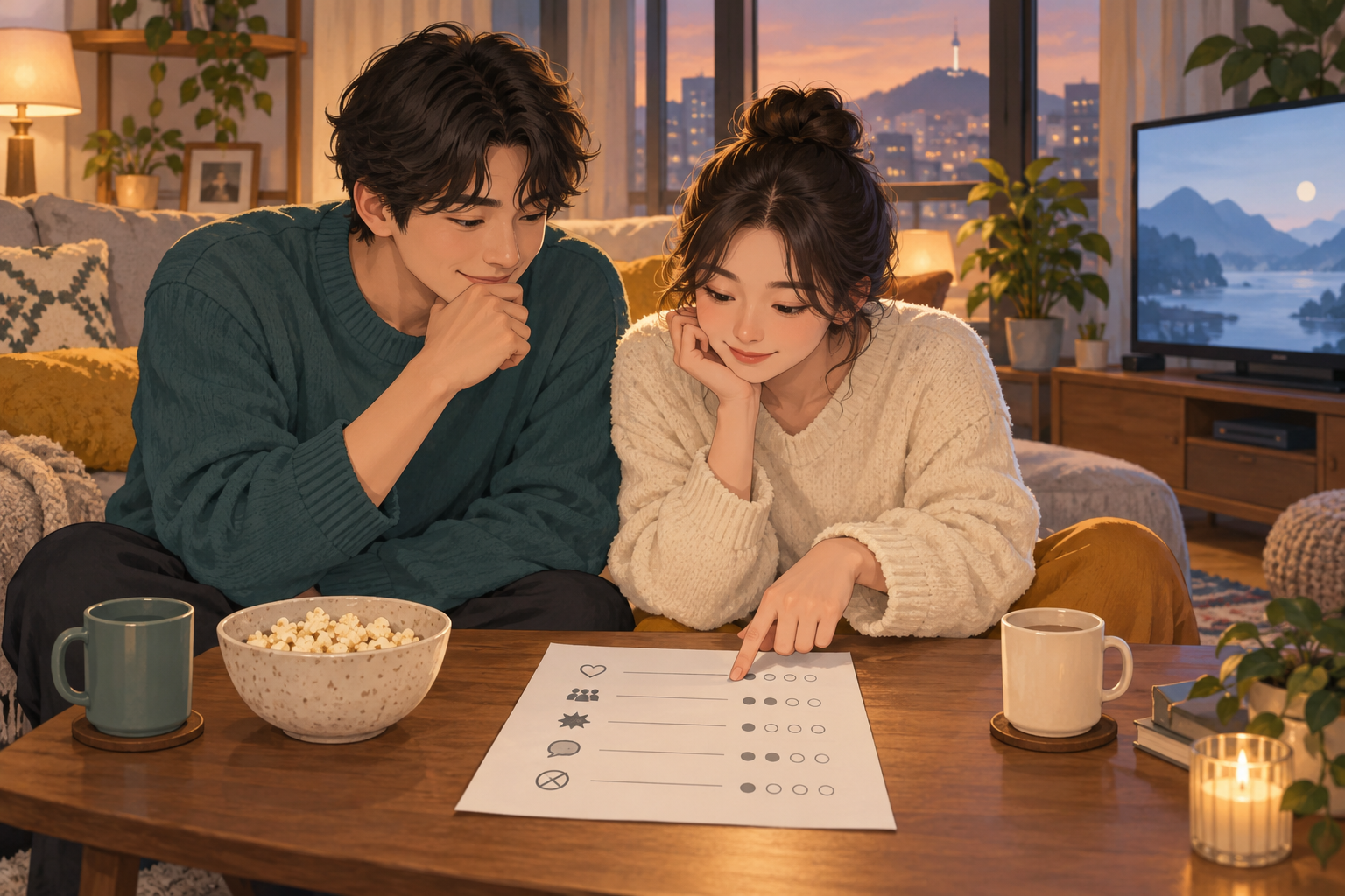 Illustration of two adult viewers considering an unbranded paper checklist before a drama evening.