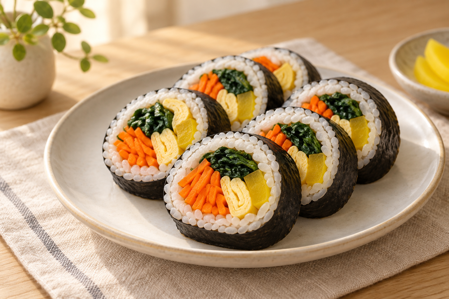 A serving selection of kimbap slices with carrot, spinach, cooked egg and pickled radish.