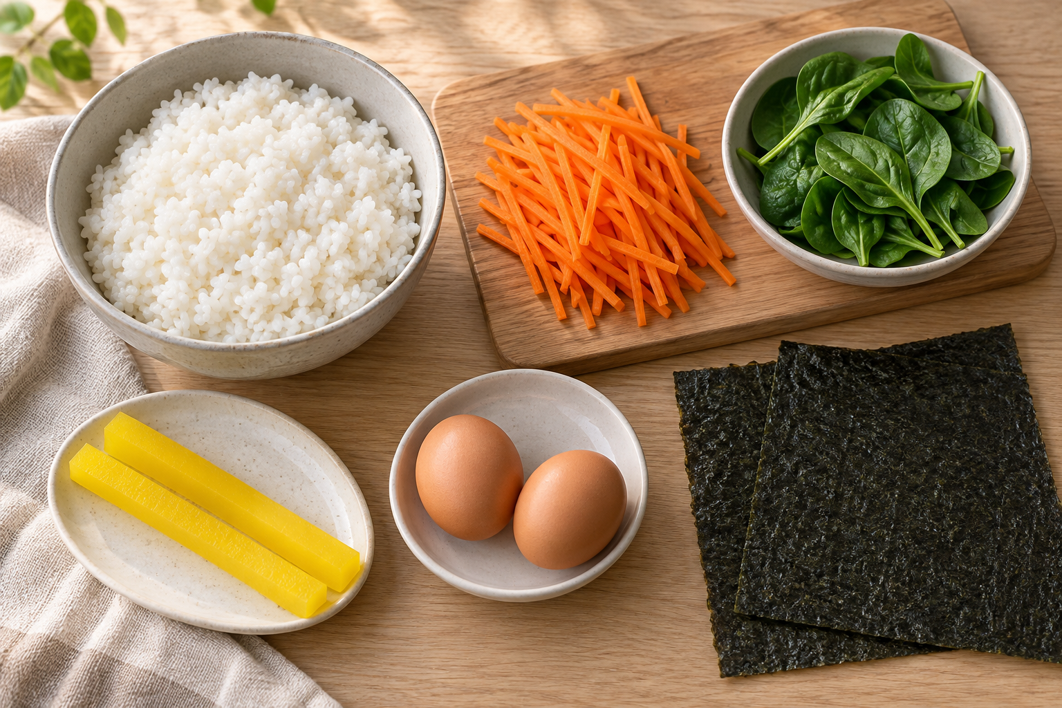 Cooked rice, raw carrot matchsticks and spinach, two eggs, two radish strips and full-size seaweed sheets.