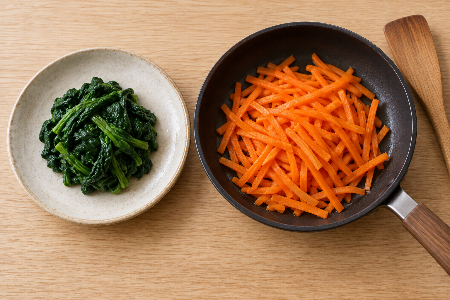 Squeezed cooked spinach on a plate beside softened carrot matchsticks in a skillet.