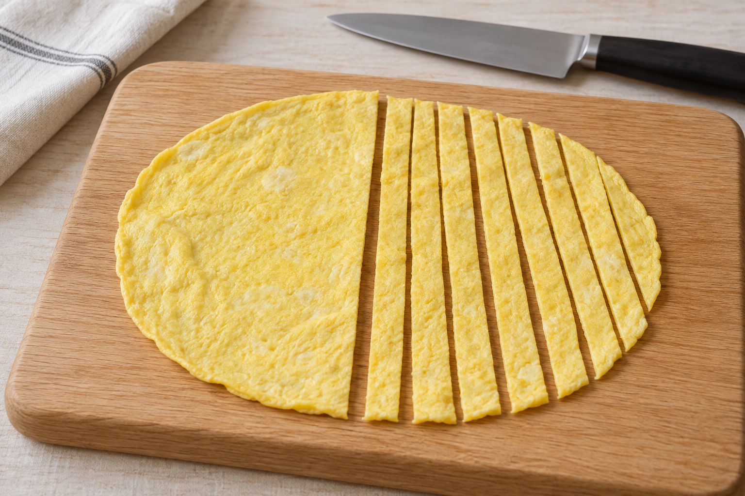 A thin cooked egg sheet partly cut into flat narrow strips on a board.