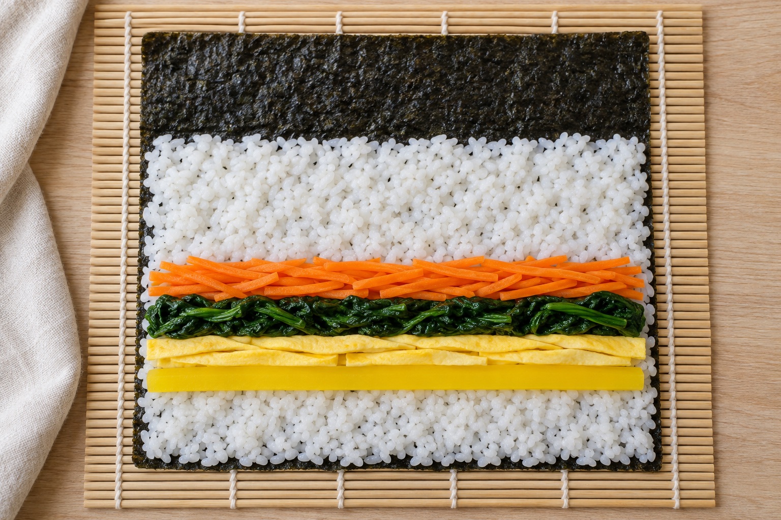 Rice and four parallel lines of filling on seaweed, with a broad bare strip at the far edge.