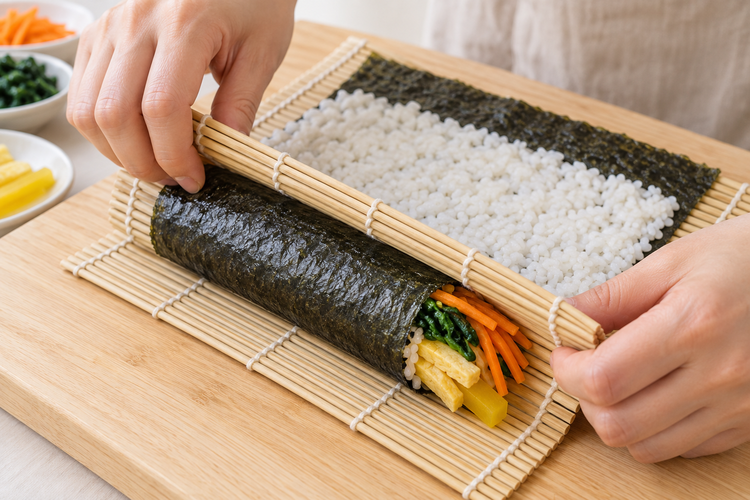 Hands lift a bamboo mat to tuck the near edge of seaweed over the filling while the far edge remains flat.