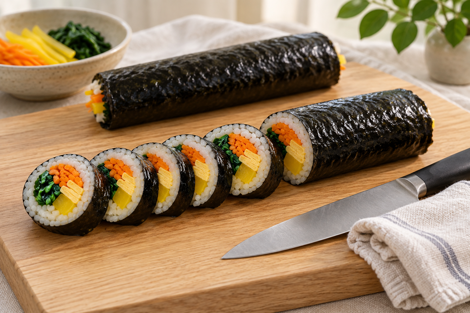 One kimbap roll partly sliced with a second whole roll behind it, a knife and wiping cloth beside the board.