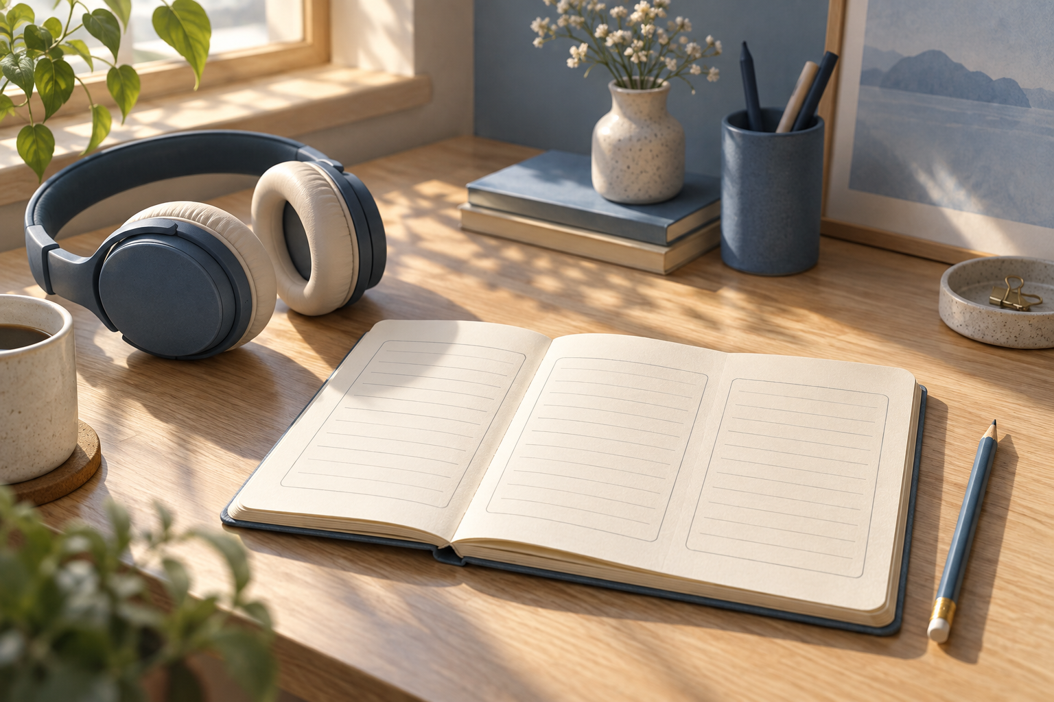Unbranded headphones beside an open notebook with three blank listening-note areas on a sunlit desk.