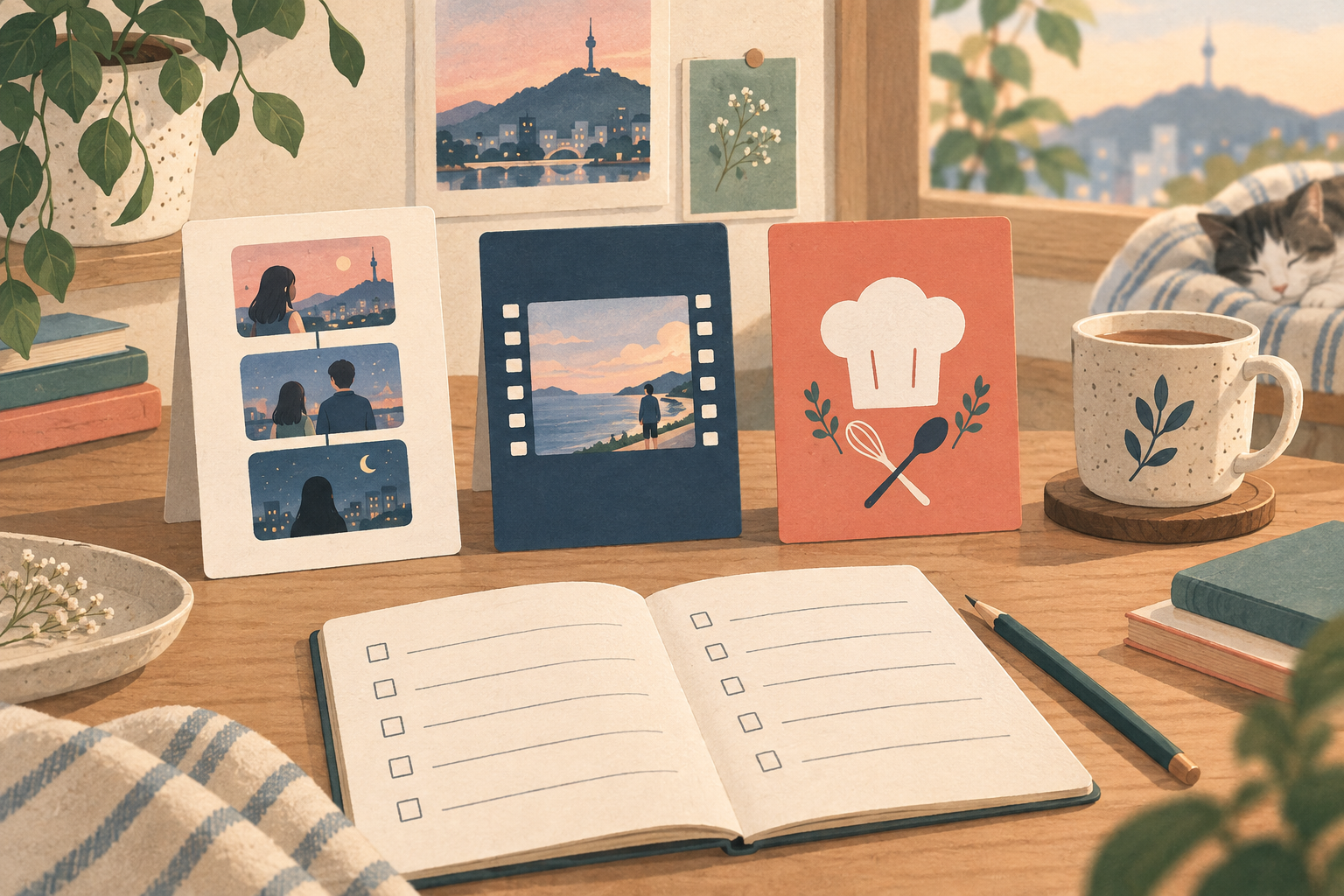 Illustration of three unbranded cards representing a drama series, a film and a cooking competition beside a watchlist notebook.