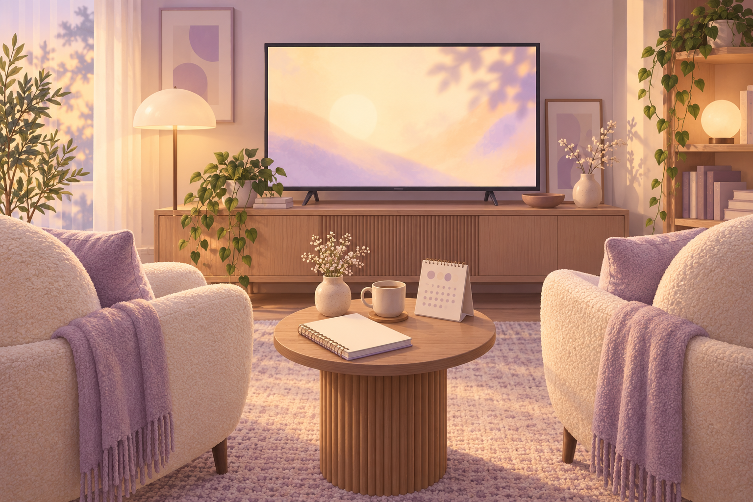 An illustrated home viewing space with two empty chairs, an unbranded screen, a blank notebook and an abstract calendar.