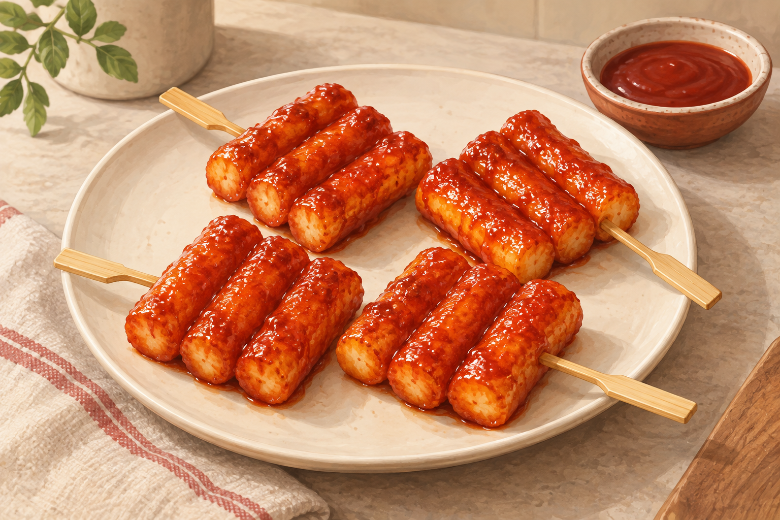 Four skewers of cylindrical rice cakes with red glaze on an ivory plate.