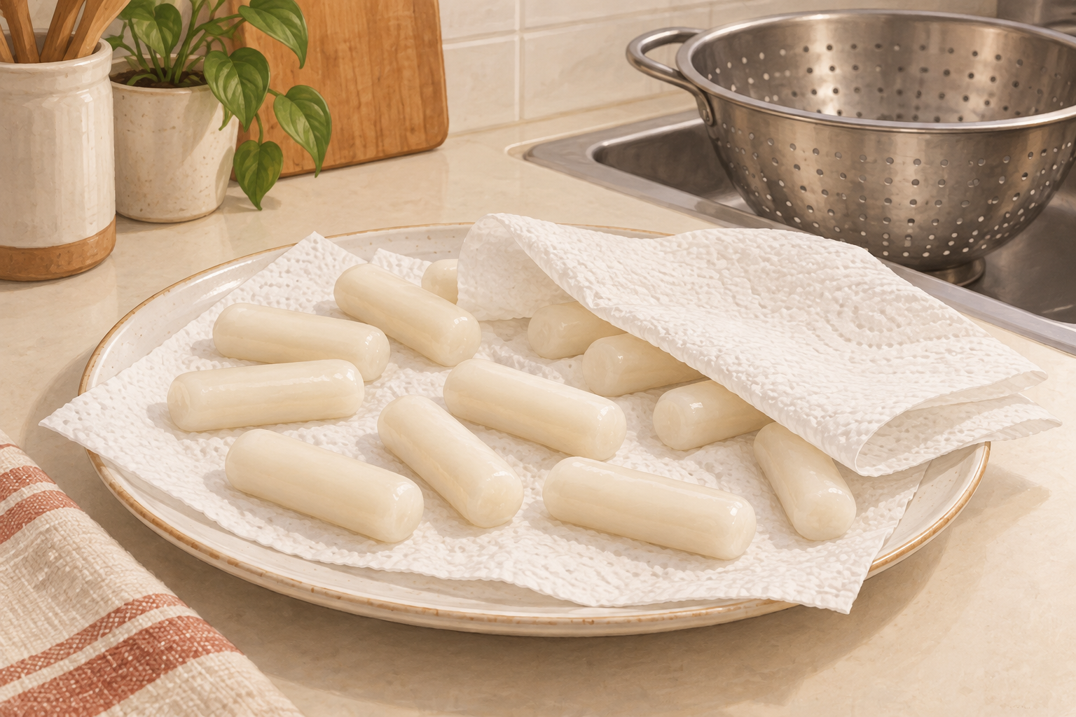 Softened cylindrical rice cakes separated on a paper towel beside a drained colander.