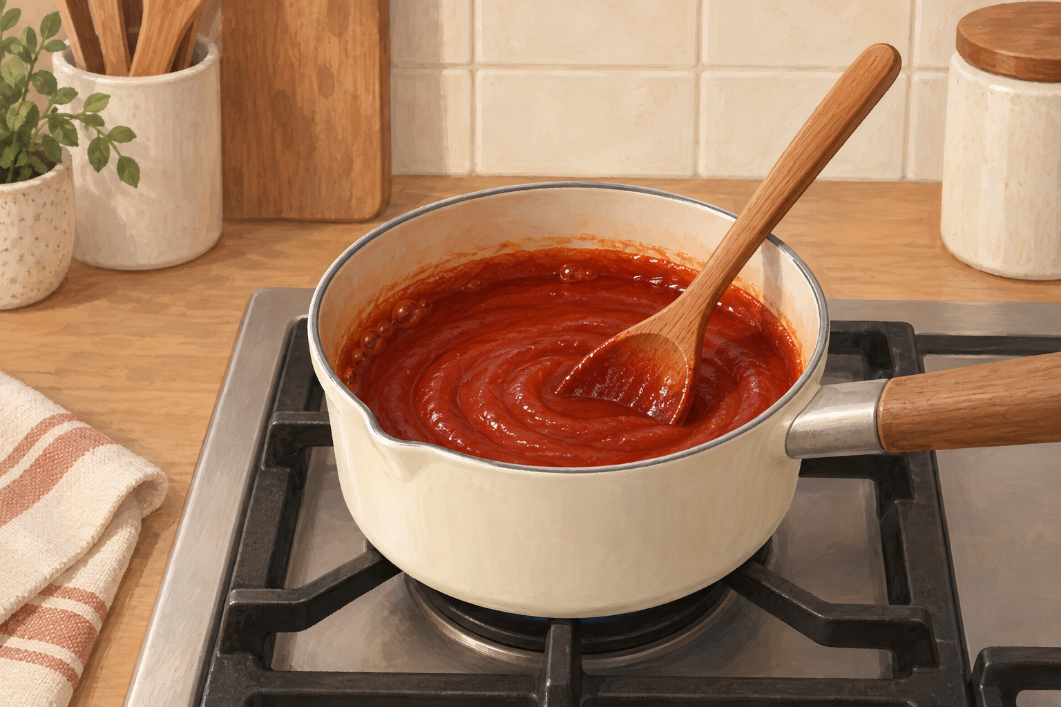 Red sauce gently bubbling in a small saucepan with a wooden spoon.