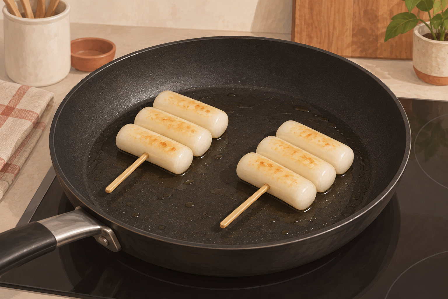 Two skewers of pale rice cakes with light golden patches in a thin film of oil.