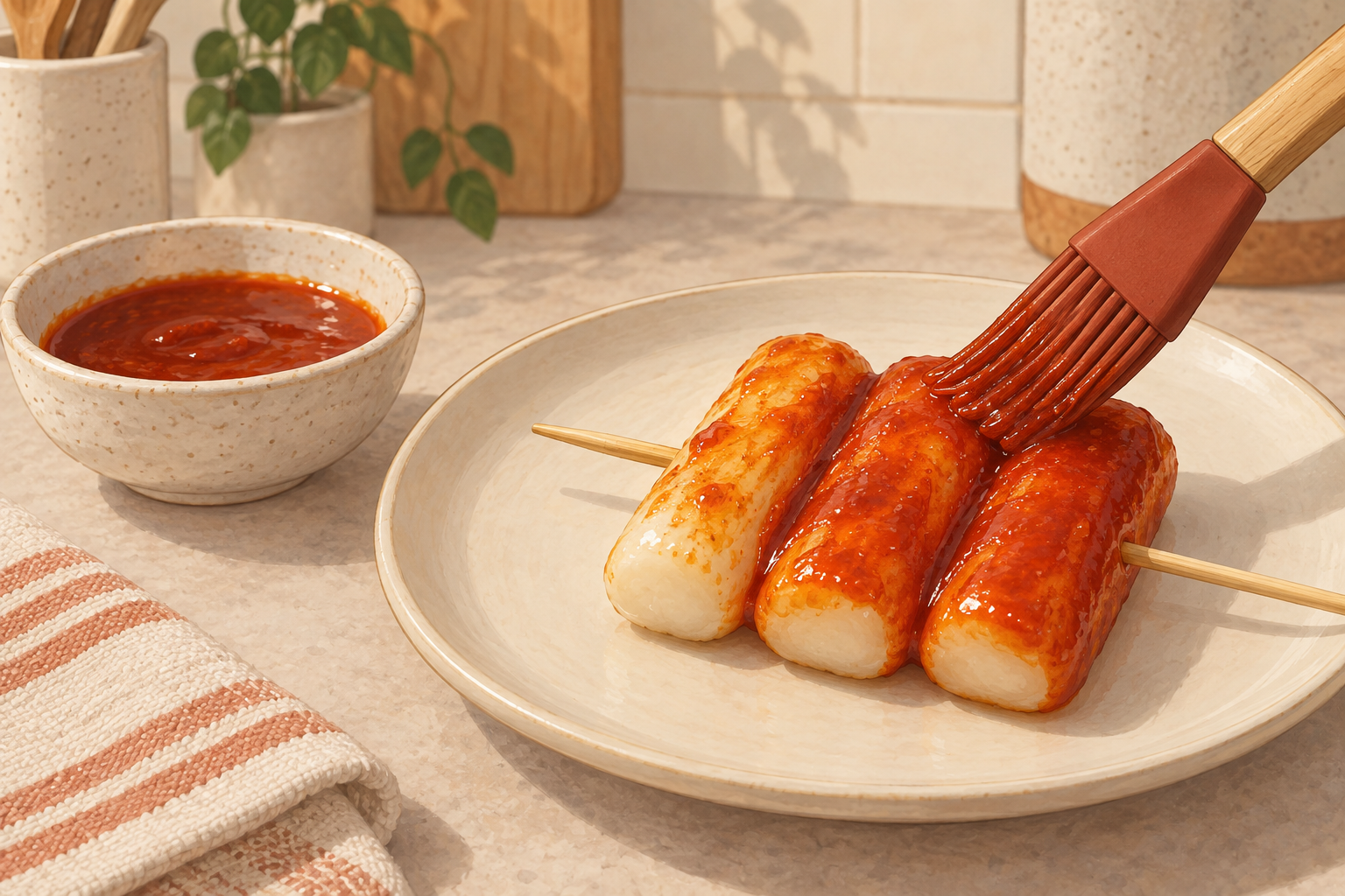 A pastry brush spreading red sauce on cooked rice cakes on a plate away from the stove.